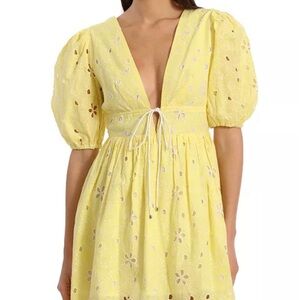 Avec Les Filles Yellow Eyelet Puff Sleeve Dress